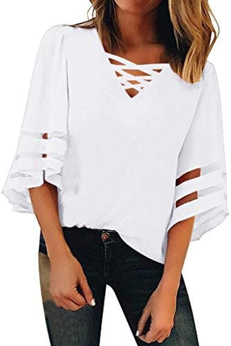 fasloyu Women's V Neck Mesh Panel Blouse 3/4 Bell Sleeve Casual Loose Top Shirt