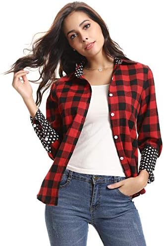 Abollria Womens Casual Long Sleeve Boyfriend Plaid Button Down Flannel Check Shirt Blouse Tops