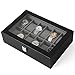 SONGMICS 12 Slots Wooden Watch Box, Watch Case Glass Lid, Watch Holder Removable Watch Pillows, Watch Display Velvet Lining, Metal Clasp, Black, UJOW12BK