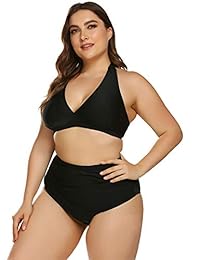 IN'VOLAND Trajes de baño para dama, talla grande, de cintura alta, cuello halter, 2 piezas, traje de baño vintage