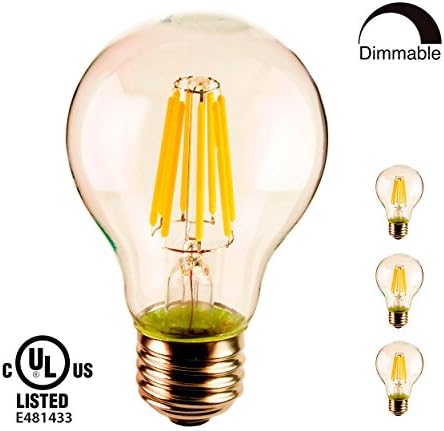 YUURTA A19 6.5W 4000K Pure White LED Filament Light Bulbs Dimmable Vintage Edison Retro Style E26 Medium Base 120V for Ceiling Lighting Fixture Sconce cULus Listed Energy Saving Pack of 3