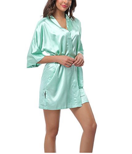 FADSHOW Women's Silk Kimono Robes Bathrobes Short Wedding Robes for Bridal Party,Light Green