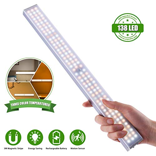 Upgraded 138 LED Closet Light,3-Color Motion Sensor Wireless LED Under Cabinet Lighting Fixture,3M Portable Magnetic Adhesive-With Large Capacity Battery USB Charge For Stairs,Wardrobe,Kitchen,Hallway
