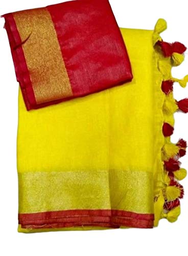 Women's Bhagalpuri Linen Saree with Blouse Piece (ANE0893_Yellow)