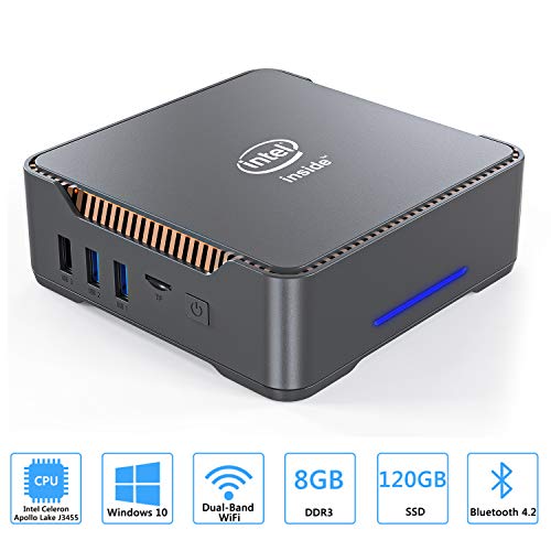 Mini PC, Intel Celeron J3455 Processor(up to 2.3GHz) Windows 10(64-bit) Mini Desktop Computer with HDMI/VGA Port,8GB DDR3/120GB eMMC,Gigabit Ethernet,Dual Band Wi-Fi,Bluetooth 4.2,4K HD