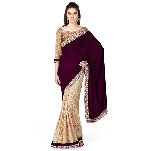 Janasya women's Beige colour Brasso Net saree with velvet pallu