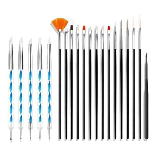 ZEOHBETY Nail Art Brush Set, 20 Pcs Nail Design Tools Extension Gel Brush Builder Brush Colors Black Blue