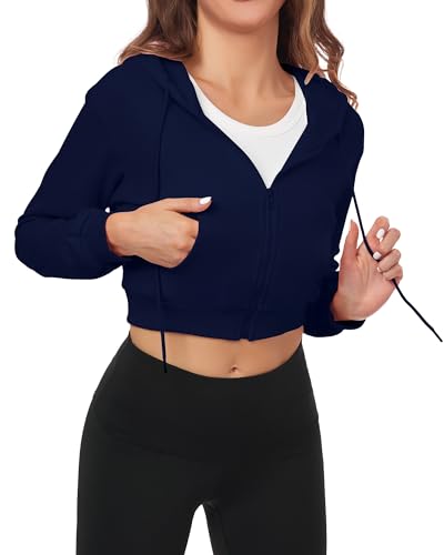 FKEEP Cropped Zip Up Hoodie Women Jacket Top Sweatshirt Casual Basic Gym Workout Sport NavyBlue