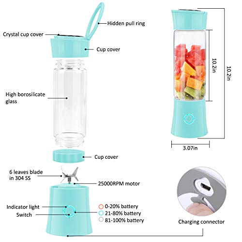 Portable Blender, Supkiir USB Rechargeable Mini Juicer Cup with Handle, Smoothie Blender with 6 Blades with 4000mAh Batteries, 480ml Household Fruit Mixer for Travel Office Sports School