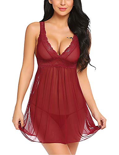 Avidlove Women Lingerie Lace Babydoll Strap Chemises V Neck Nightwear Outfits Dark Red S