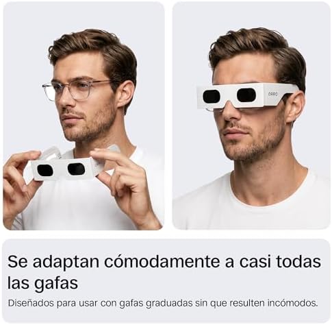 Gafas para Eclipse Solar de 45 mm, Pack de 2/6/12, Blancas, Se Ajustan sobre Gafas Graduadas, Protección Ocular Certificada, Ensayadas según EN ISO 12312-2:2015, Marcado CE - Ajuste Edge