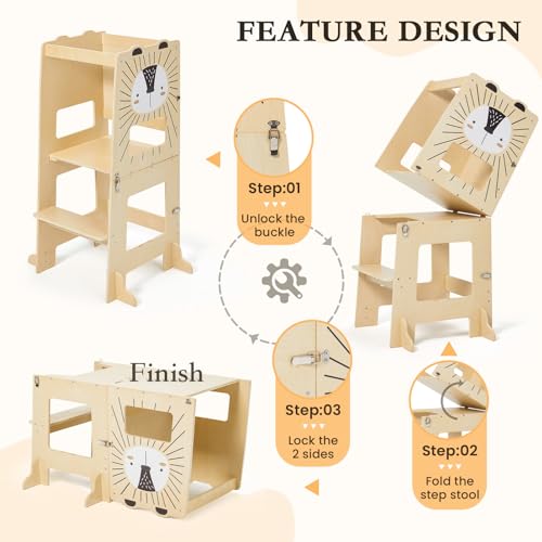 labebe Montessori Tower Kids (98cm Height), Large Size Wooden Folding Montessori Tower, 3 in 1 Kids Desk and Chair Set Transformable with Chalkboard