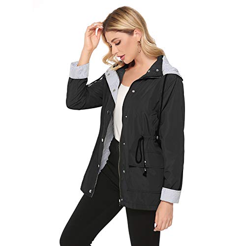 bedee Women's Raincoats Windbreaker RainJackets Waterproof Ourdoor Hooded Trench Coats Black - Thumbnail 2