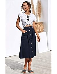 Clearence Falda de dama con botones en una línea Bolsillos de cintura elástica Midi Longitud Midiskirt plisado