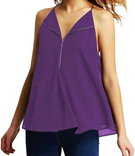 Gillberry Women's Summer Sleeveless Pleated Back Closure Casual Tank Tops with Zipper (Purple, XL)