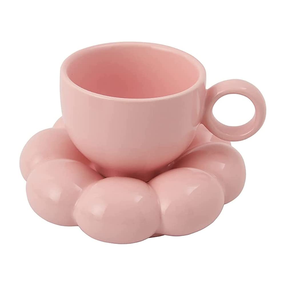 Ksrnsne Flower Coffee Cup & Saucer Set - Cute Mugs with Sunflower Saucer - Latte Cups, 6.7Oz Pink