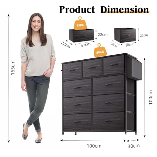 PURFINO Fabric Chest of Drawers - Dresser Canvas Organizer with 9 Large Drawers, Label Cards, Side Pocket and Hook, for Living Room, Hallway, Bedroom