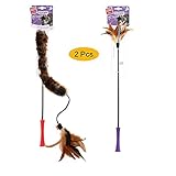 Gigwi Feathers Cat Toys Wand, Interactive Cat Wand Teaser Cat Fishing Pole Toy with Anti-Skid Rubber Handle Length 20 & 25 Inches, Entertaining Cat Toys for Boredom, 2 Pack