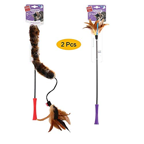 Gigwi Feathers Cat Toys Wands Set, 2 Pack of Interactive Cat Wand Teaser Cat Fishing Pole Toy with Fuzzy Worms, Anti-Skid Rubber Handle 25 Inches Long, Entertaining Cat Toys for Boredom