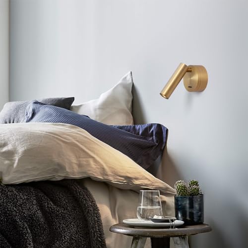 DAWALIGHT Bedside Lamp with Switch LED 3 W 3000 K Warm White 320° Adjustable Wall Light for Indoor Bedroom Living Room Aluminium, Brass