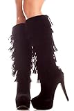 JP SIDE ZIPPER SUEDE MATERIAL FRINGE ACCENT KNEE HIGH PLATFORM BOOTS