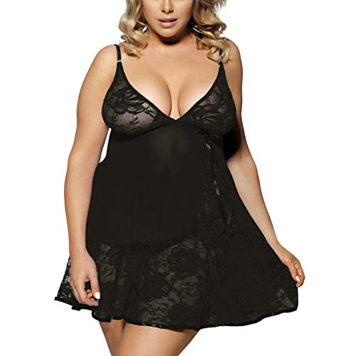 Fashion Women Sleepwear Dress, wodceeke Sexy Lace Sling Big Size Sexy Lingerie Nightdress Short Dress (L, Black)