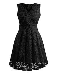 LECCECA Vestido sin mangas de encaje con cuello en V para mujer, vestido de fiesta de boda corto y acampanado plisado con bolsillos