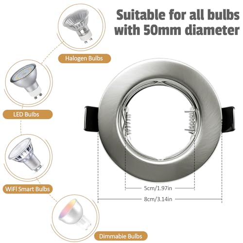 Recessed Frame for Spotlights – Brushed Metal Round, Incl. Socket for GU10 | Fit for 55-70 mm Holes | For 50 mm Lamp | Porthole Frame – Ideal for Bathroom, Living Room, Kitchen | 24 Pack