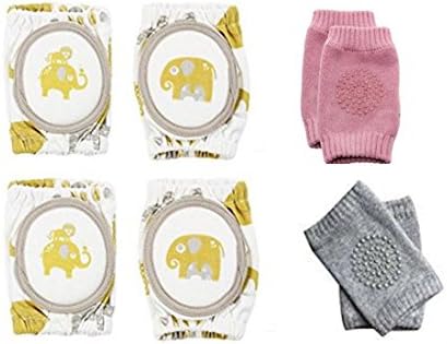 Baby Knee Pads, Breathable Adjustable Elastic Unisex Infant Toddler Elbow Crawling Safety Protector, Indoor / Outdoor Use (2 pairs) with Free Gift - Pink Baby Knee Pads and Grey Ones