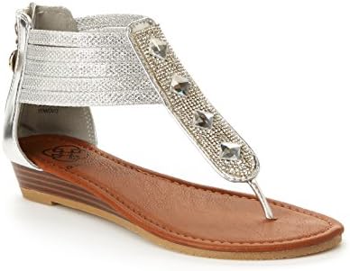 Daisy Fuentes Vegan Ginger Sandal – Jeweled Metallic, Low Wedge Heel, Zipper