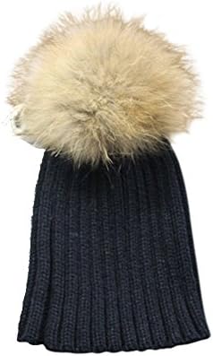 W4W Kids Childrens Unisex Outdoor Warm Stylish Winter Beanie Hat With Detacahable Pom Pom and Ribbed Design - Made With Real Fur - Black
