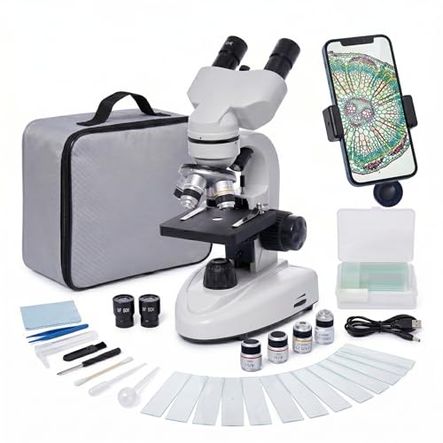 SELFIE CAT Professional Binocular Compound Microscope, 200X-5000X High Magnification, Educational Biological Microscope with Smartphone Adapter and LED Light, for Students Hobbyists