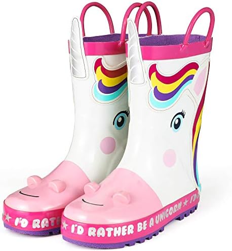 KomForme Kids Rain Boots, Girl Unicorn Animal Printed Rubber Boots with Easy on Handles