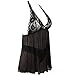 JuicyRose Women's Sexy Lingerie Lace Sleepwear Halter Babydoll V-String Miniskirt (US M=Tag L, Black)