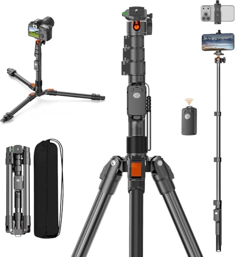 XXZU 191cm Camera Tripod, Phone Tripod with Remote Control, Aluminum Tripod for Camera with Phone Holder and 360° Rotula, Travel Tripod for Camera/Smartphone/Ring Light/Projector, Max Load 8KG