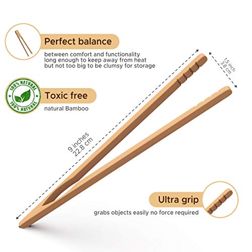 Wooden Toaster Tongs 2 PCs | Bamboo Kitchen Utensils For Cooking & Holding Toast Bacon Muffin Fruits, Pickles, Cheese Bagel Bread Ultra Grip | 9 Inch Long Natural Toxic Free