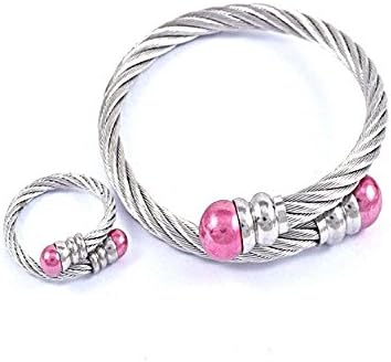 Costume fashion Jewelry Stainless Steel Bracelet Ring Set Jewelry for Women (Pink)