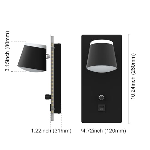 Sytmhoe 2 Pieces Wall Sconces with USB Charging Type C Bedroom, 16 W 3000 K Dimmable Rotatable Lamps for Wall Light Switch, Black Aluminium Led Lights Lamp Reading Lamp Bedside Wall