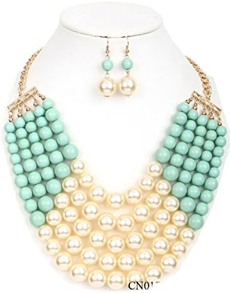 CN0175 WOMEN'S FASHIONABLE MULTI COLOR BLOCK PEARL NECKLACE AND EARRINGS SET (CREAM MINT)