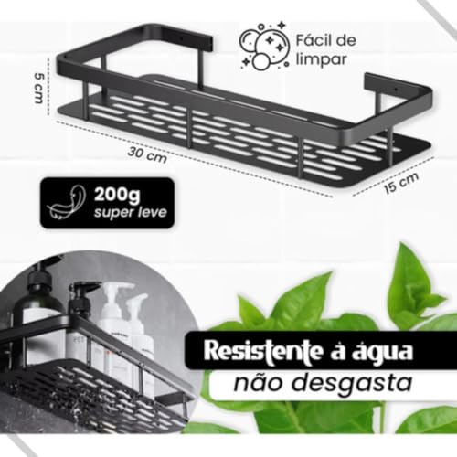 Kit com 2 Suporte de Parede para Banheiro Prateleiras Autoadesivas Preto Organizador para Shampoo e Sabonete Instalação Sem Furos