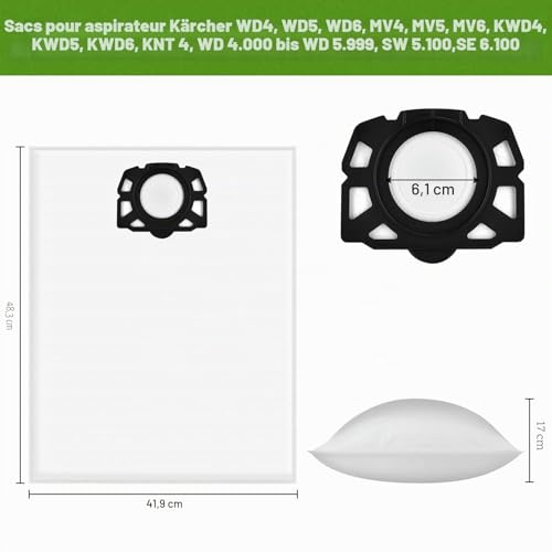 Rebirthcare Kärcher 2.863-006.0 Fleece Filter Bags 487 WD4 WD5 WD6 WD5P WD6P Premium MV4 MV5 MV6 Filter Bags for Wet and Dry Vacuum Cleaners Pack of 15