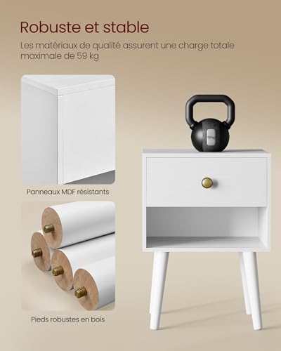 Table de Chevet avec tiroir et étagère Ouverte, Pieds en Bois, Table Basse pour Salon, Chambre à Coucher, canapé, Blanc Neige LET655W01