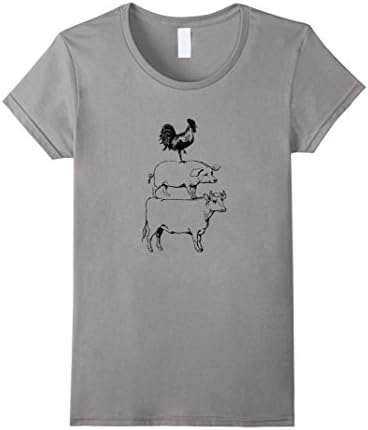 Women's Stacked Farm Animals T-Shirt. Cow Pig Rooster Meat Lover Tee Medium Slate