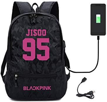 K POP BTS Straykids Blackpink School Bags Travel Bag GIM Anime Backpack Canvas Shoulder Daypack Boy Rucksack with USB Charging Port for Teens Girls Boys (6-Black Pink-JISOO 95)