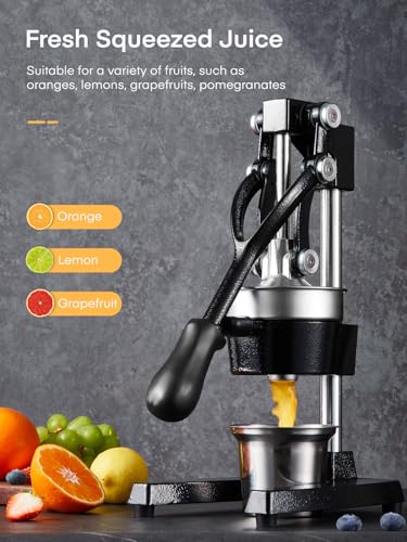 FOHERE Lemon Squeezer Juicer, Cast Iron Juicer Manual Citrus Lemon Juice Press, Hand Press Juicer for Grapefruit Pomegranate, Orange, Lemonade, Commercial Manual Citrus Juicer, Easy to Clean (Black)