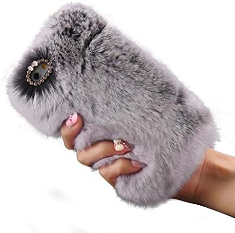 iPhone XS Max Case, ssk Furry Faux Rabbit Fur Warm with Handmade Bling Crystal Rhinestone Back Soft Protector Cover Drop Resistant Bumper Cover Case for Girls Women Compatible iPhone XS Max (Grey)