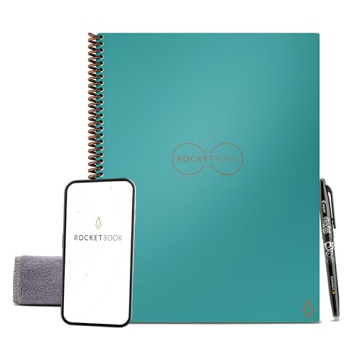 Rocketbook Reusable Digital Notebook - Smart Notepad A4 Teal - Spiral Note Book To Do List Pad, Lined Paper with Frixion Erasable Pen and Wipe, Office Gadget with Rocketbook App, Reduce Paper Waste