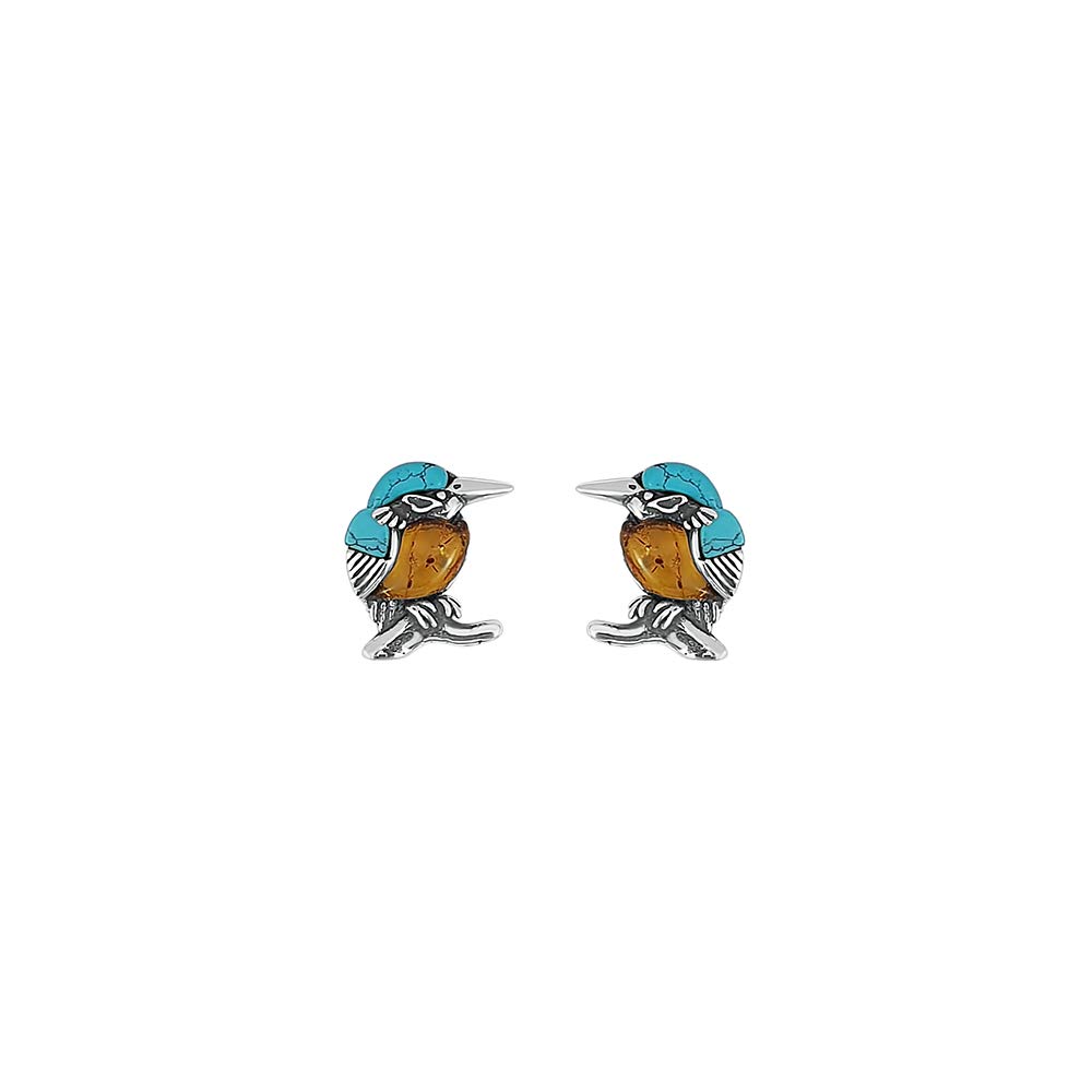 Kiara Jewellery 925 Sterling Silver Kingfisher Stud Earrings Inset With Brown Baltic Amber And Turquoise