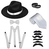 Men's Roaring 1920s Set Manhattan Fedora Hat,Y-Back Suspenders & Pre Tied Bow Tie, Gangster Tie & Fake Mustache (OneSize, Blackhat & Whitesuspenders)