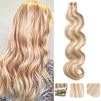 Tape in Human Hair Extensions Body Wave 24inches with Balayage Highlights #12 Golden Brown with #613 Blonde Mixed Color Seamless Skin Wefts Real Hair 70grams/20pcs Glue in Extensions (#12/613)